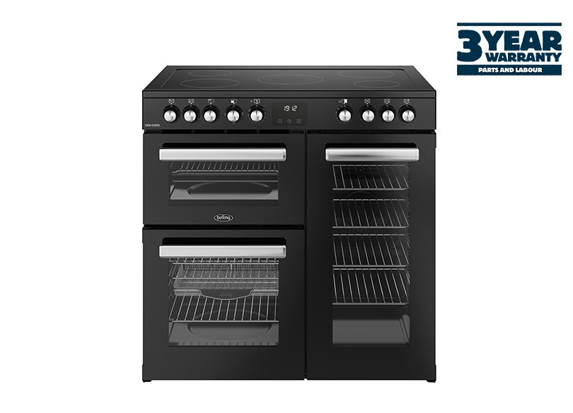 90cm Electric range cooker with a 5 zone ceramic hob, fanned main oven with AirFry, large capacity tall fanned oven, and separate grill