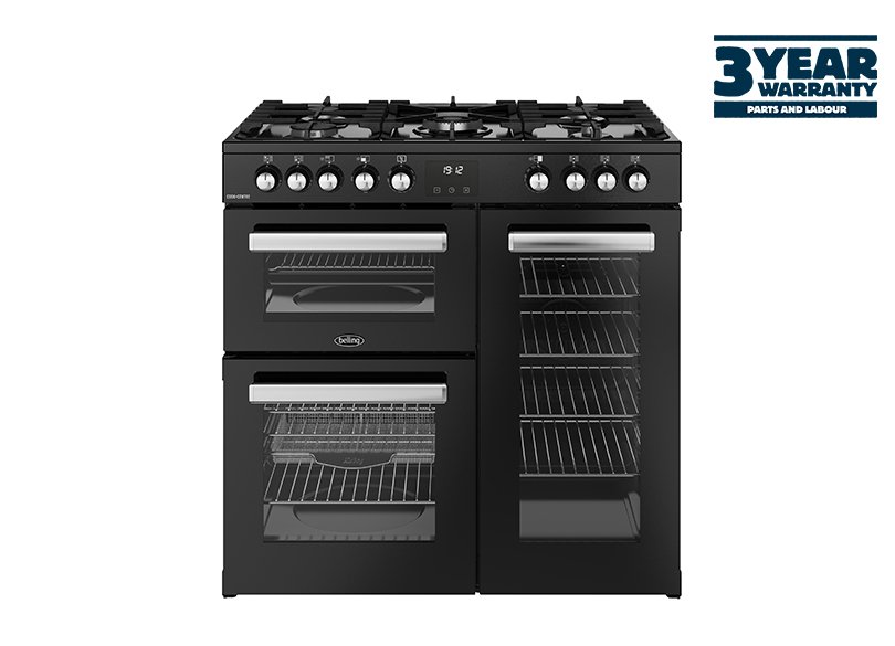90cm Dual fuel range cooker with a 5 burner gas hob, fanned main oven with AirFry, large capacity tall fanned oven, and separate grill