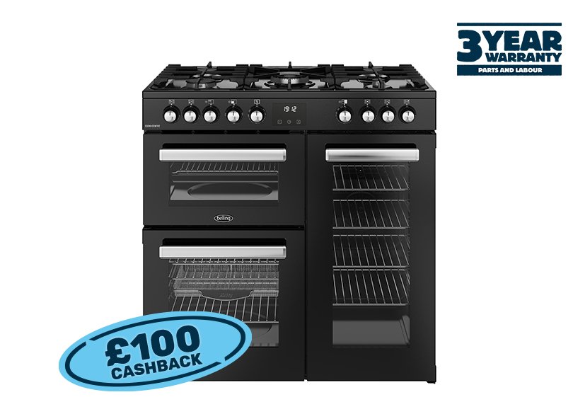 90cm Dual fuel range cooker with a 5 burner gas hob, fanned main oven with AirFry, large capacity tall fanned oven, and separate grill