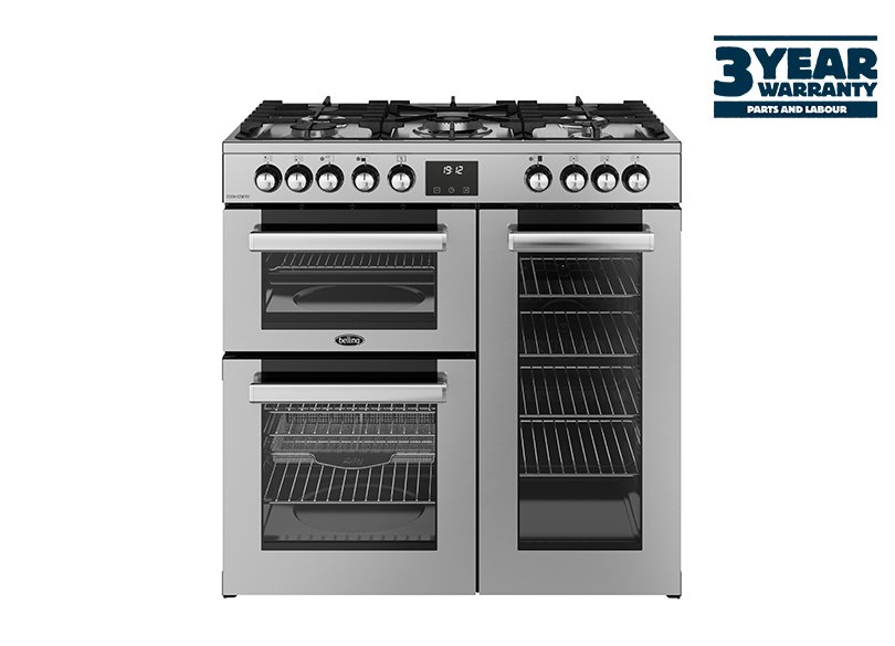 90cm Dual fuel range cooker with a 5 burner gas hob, fanned main oven with AirFry, large capacity tall fanned oven, and separate grill
