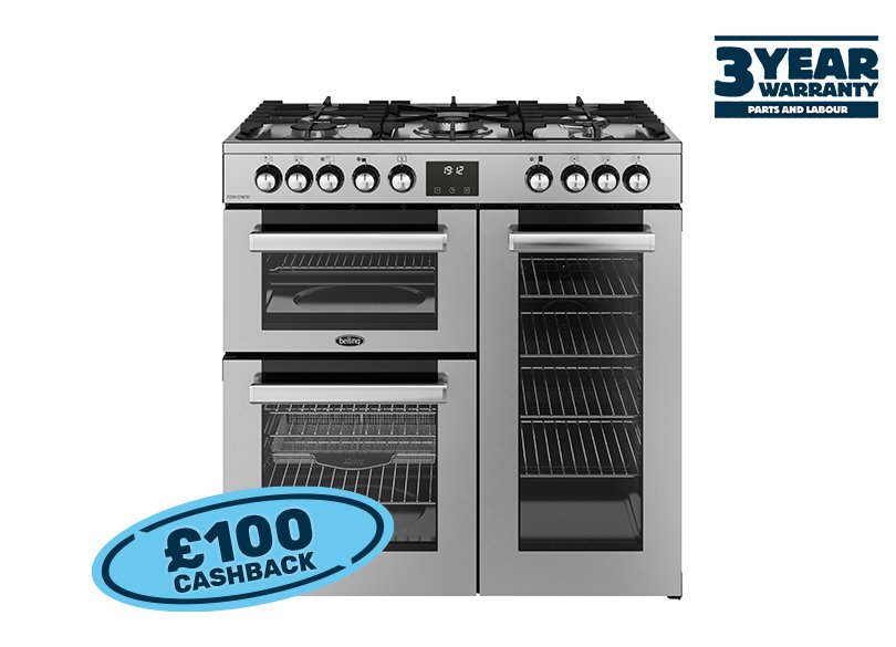 90cm Dual fuel range cooker with a 5 burner gas hob, fanned main oven with AirFry, large capacity tall fanned oven, and separate grill