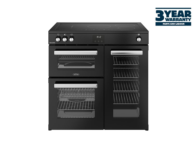 90cm Electric range cooker with a 5 zone induction hob, fanned main oven with AirFry, large capacity tall fanned oven, and separate grill