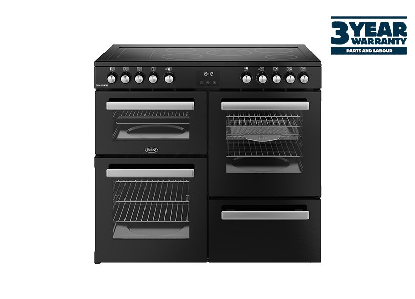 100cm Electric range cooker with a 5 zone ceramic hob and additional warming zone, conventional second oven, separate grill, and main fanned oven with AirFry