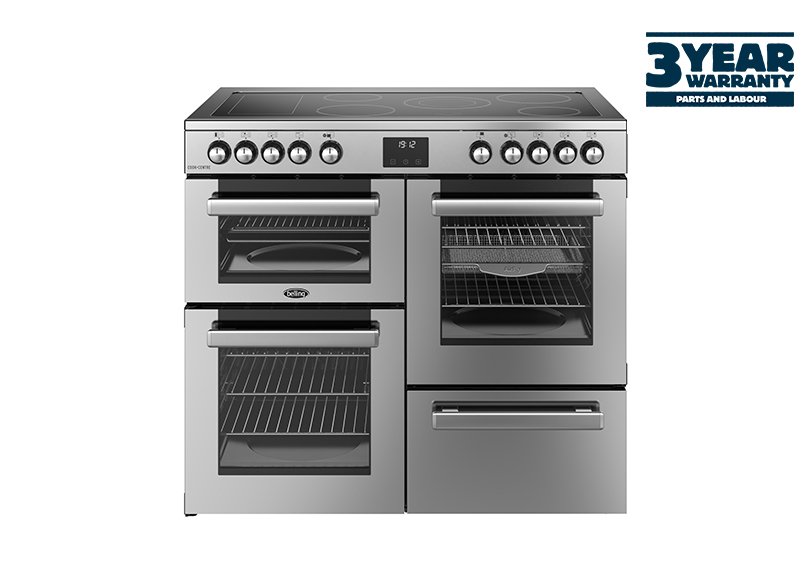100cm Electric range cooker with a 5 zone ceramic hob and additional warming zone, conventional second oven, separate grill, and main fanned oven with AirFry