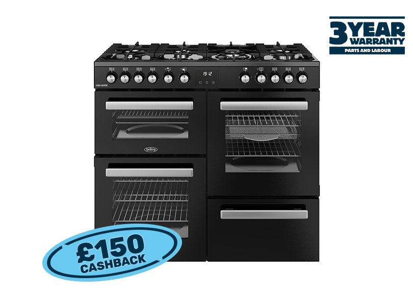100cm Dual fuel range cooker with a 7 burner gas hob, conventional second oven, separate grill, and main fanned oven with AirFry