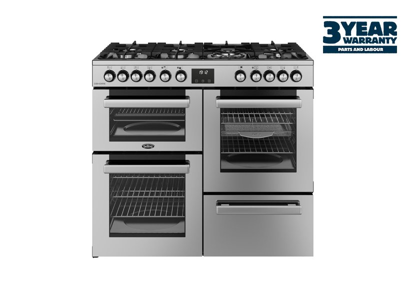 100cm Dual fuel range cooker with a 7 burner gas hob, conventional second oven, separate grill, and main fanned oven with AirFry