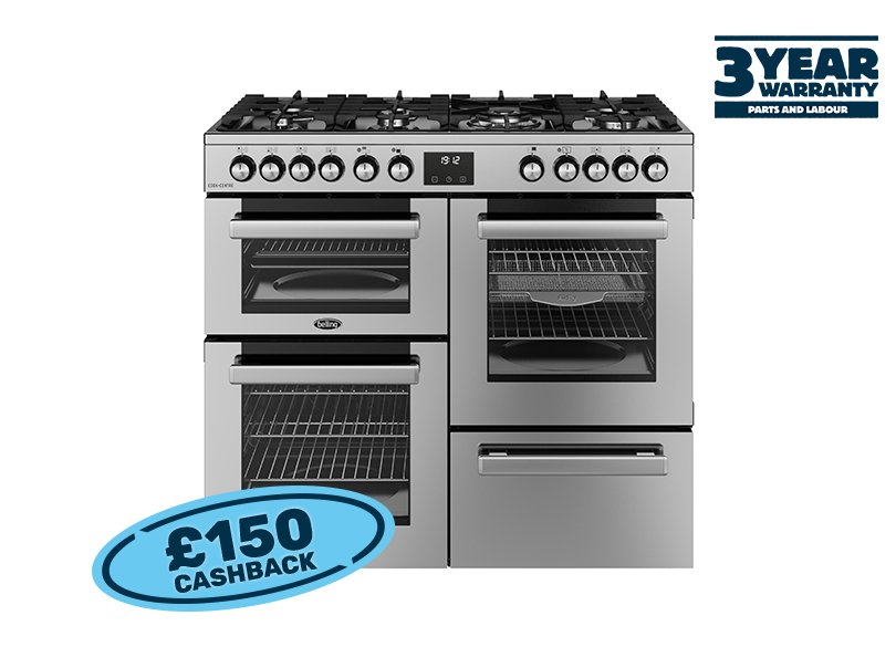 100cm Dual fuel range cooker with a 7 burner gas hob, conventional second oven, separate grill, and main fanned oven with AirFry