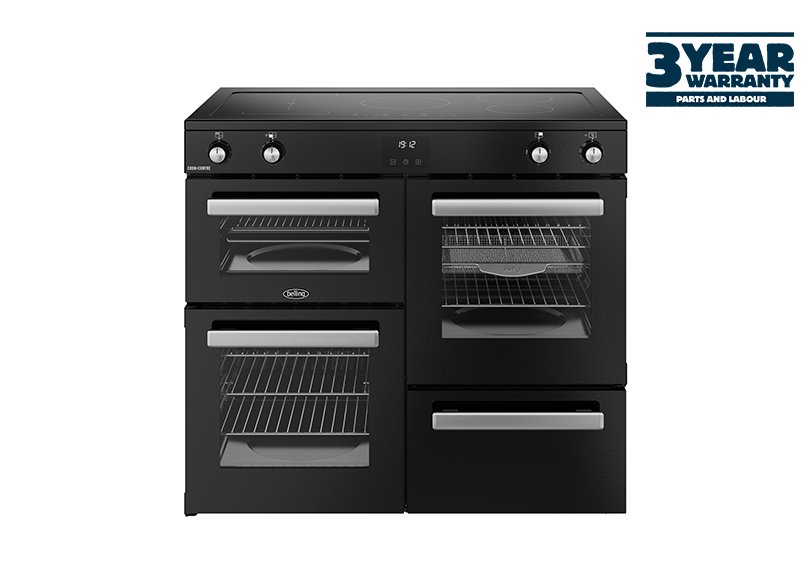 100cm Electric range cooker with a 5 zone induction hob, conventional second oven, separate grill, and main fanned oven with AirFry