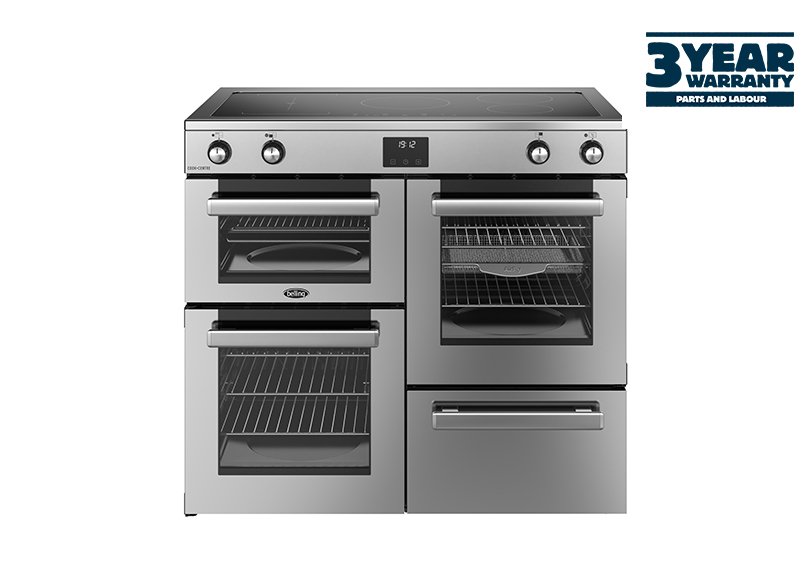 100cm Electric range cooker with a 5 zone induction hob, conventional second oven, separate grill, and main fanned oven with AirFry