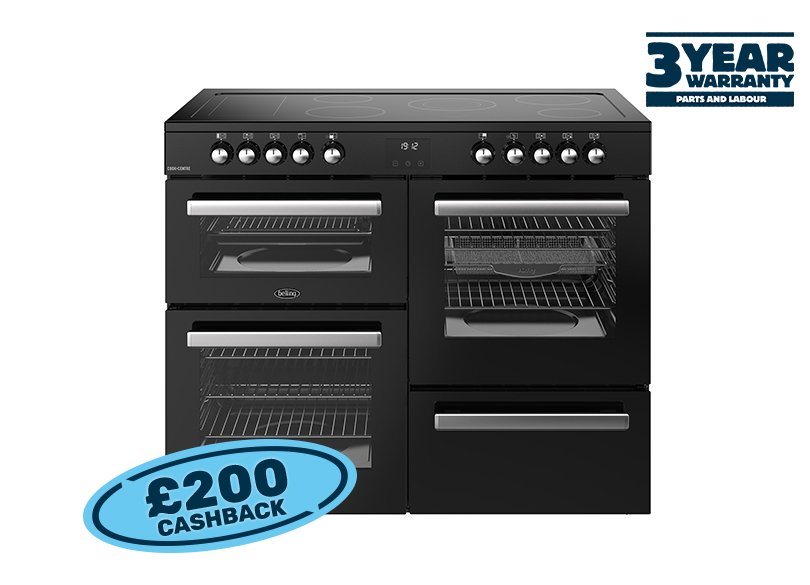 110cm Electric range cooker with a 5 zone ceramic hob and additional warming zone, conventional second oven, separate grill, and main fanned oven with AirFry