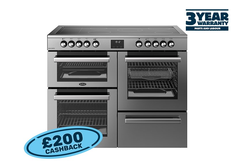110cm Electric range cooker with a 5 zone ceramic hob and additional warming zone, conventional second oven, separate grill, and main fanned oven with AirFry