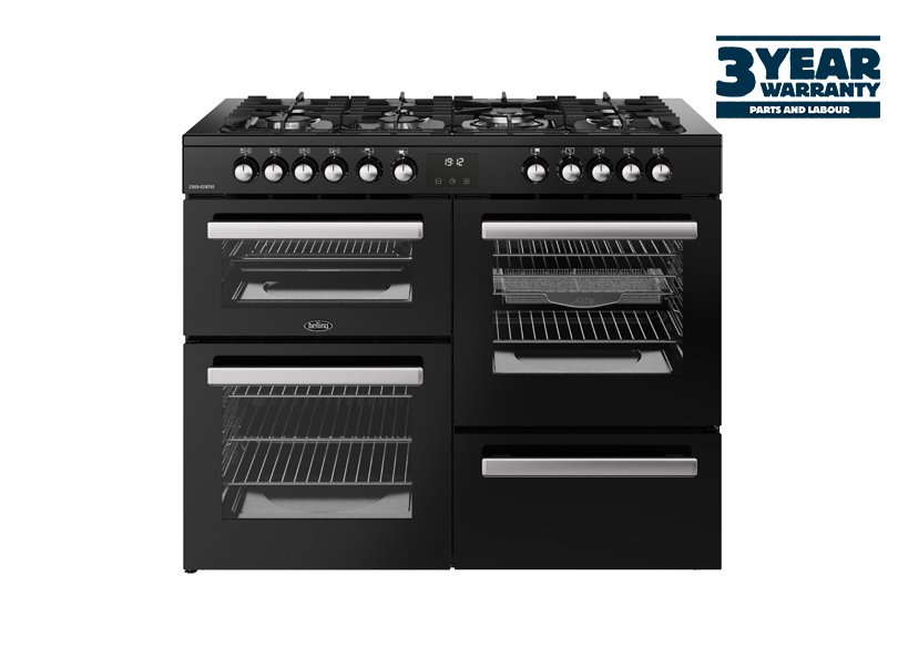 110cm Dual fuel range cooker with a 7 burner gas hob, conventional second oven, separate grill, and main fanned oven with AirFry