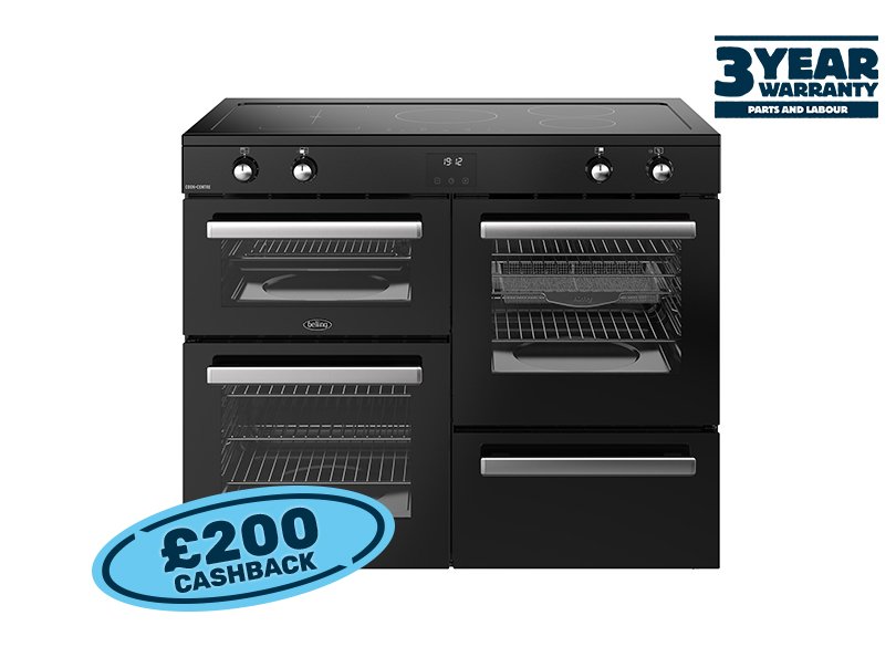 110cm Electric range cooker with a 5 zone induction hob, conventional second oven, separate grill, and main fanned oven with AirFry