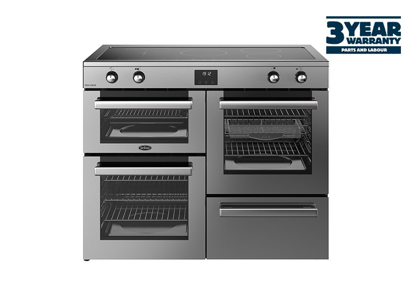 110cm Electric range cooker with a 5 zone induction hob, conventional second oven, separate grill, and main fanned oven with AirFry