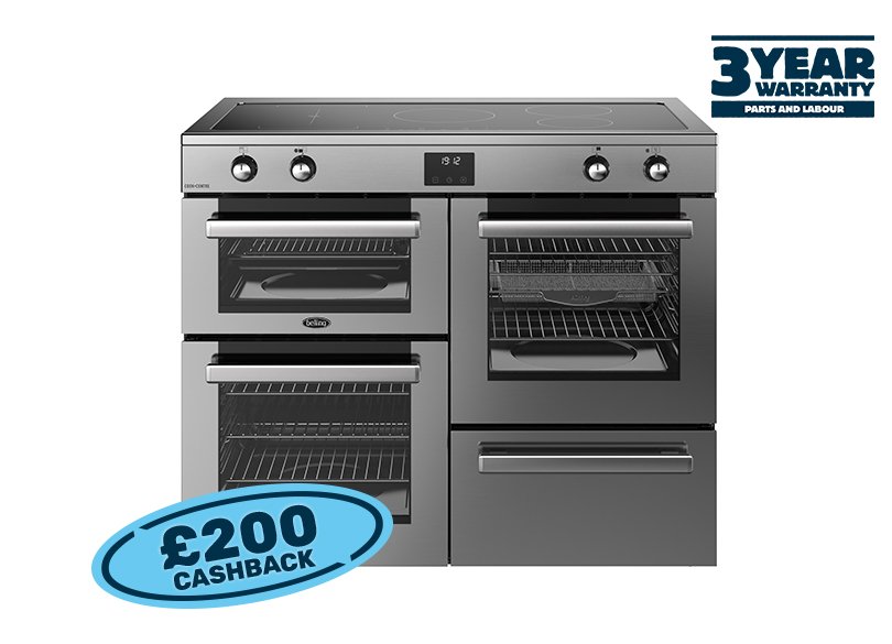 110cm Electric range cooker with a 5 zone induction hob, conventional second oven, separate grill, and main fanned oven with AirFry