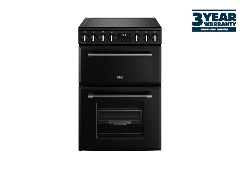 60cm Electric range cooker with a 4 zone ceramic hob, conventional oven & grill, and fanned main oven with AirFry