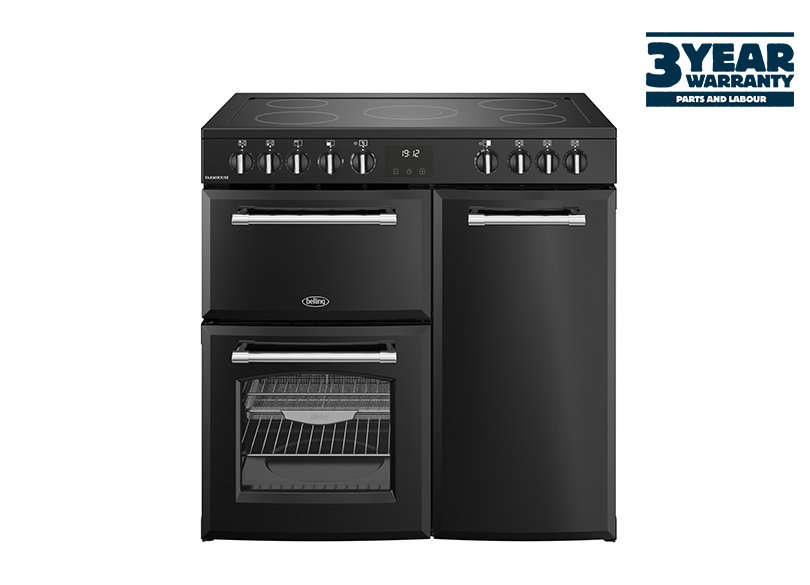 90cm Electric range cooker with a 5 zone ceramic hob, fanned main oven with AirFry, large capacity tall fanned oven, and separate grill
