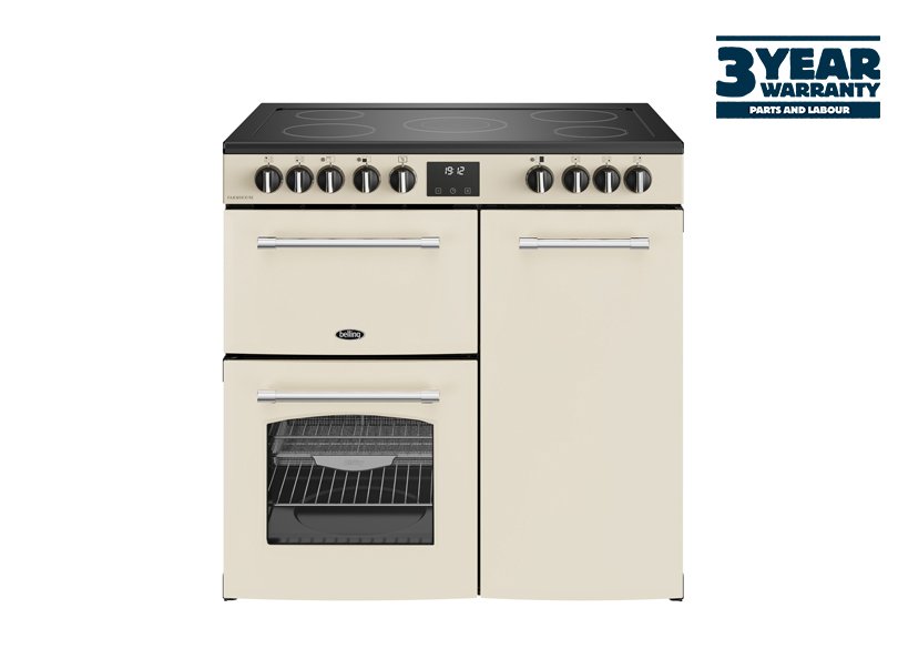 90cm Electric range cooker with a 5 zone ceramic hob, fanned main oven with AirFry, large capacity tall fanned oven, and separate grill