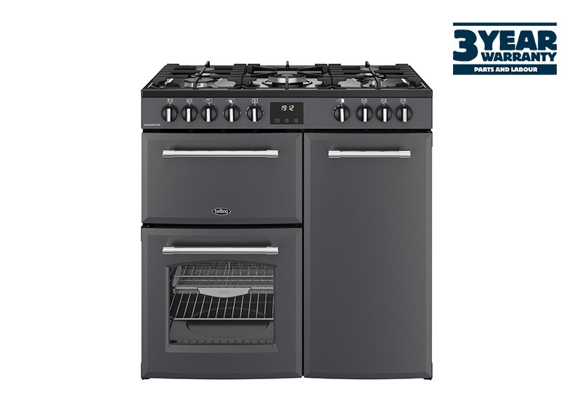 90cm Dual fuel range cooker with a 5 burner gas hob, fanned main oven with AirFry, large capacity tall fanned oven, and separate grill