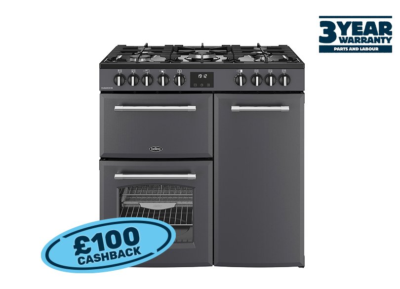 90cm Dual fuel range cooker with a 5 burner gas hob, fanned main oven with AirFry, large capacity tall fanned oven, and separate grill