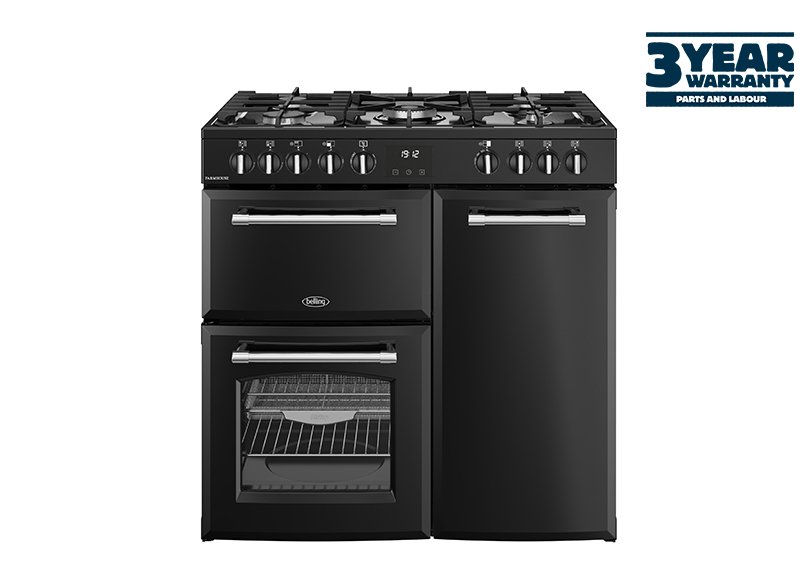 90cm Dual fuel range cooker with a 5 burner gas hob, fanned main oven with AirFry, large capacity tall fanned oven, and separate grill
