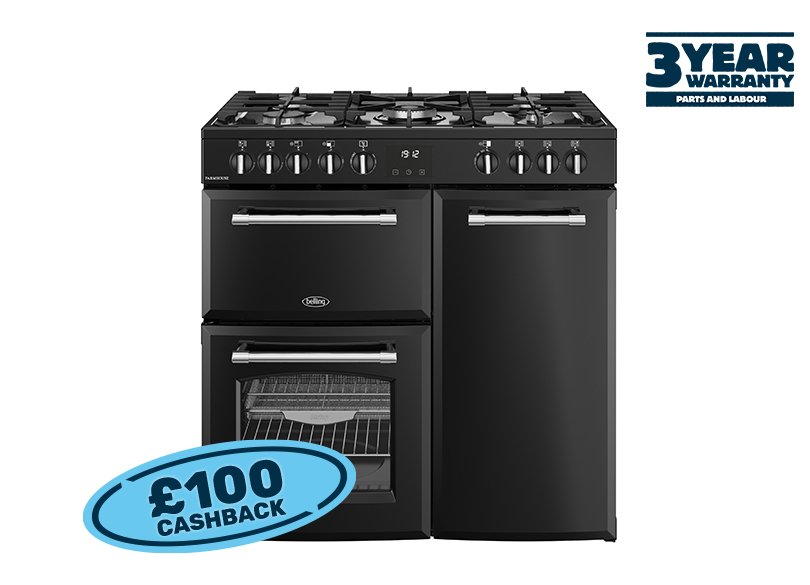 90cm Dual fuel range cooker with a 5 burner gas hob, fanned main oven with AirFry, large capacity tall fanned oven, and separate grill