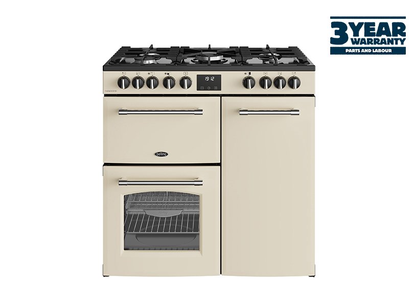 90cm Dual fuel range cooker with a 5 burner gas hob, fanned main oven with AirFry, large capacity tall fanned oven, and separate grill