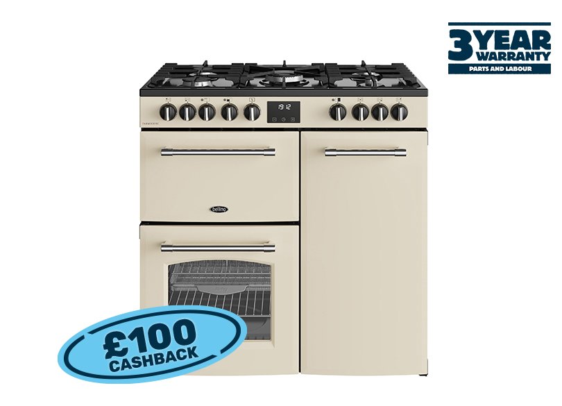 90cm Dual fuel range cooker with a 5 burner gas hob, fanned main oven with AirFry, large capacity tall fanned oven, and separate grill