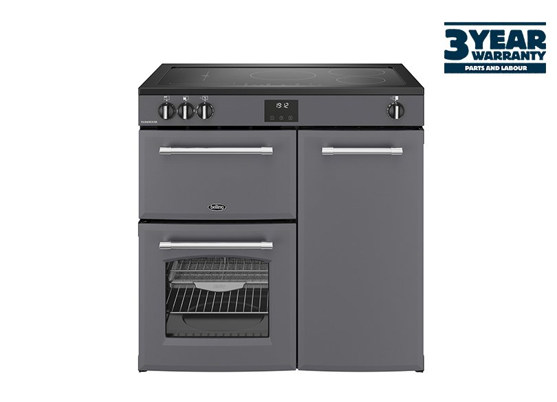 90cm Electric range cooker with a 5 zone induction hob, fanned main oven with AirFry, large capacity tall fanned oven, and separate grill