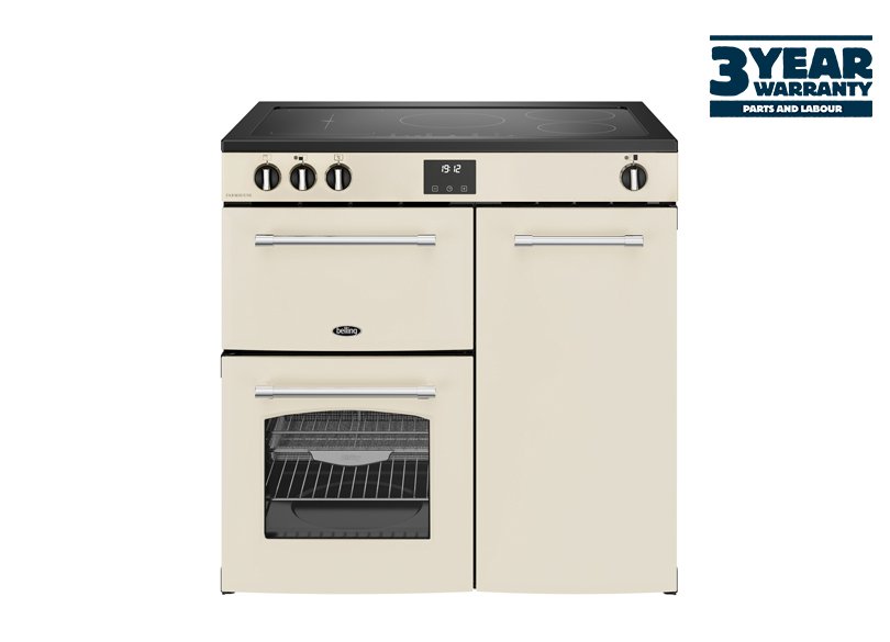 90cm Electric range cooker with a 5 zone induction hob, fanned main oven with AirFry, large capacity tall fanned oven, and separate grill