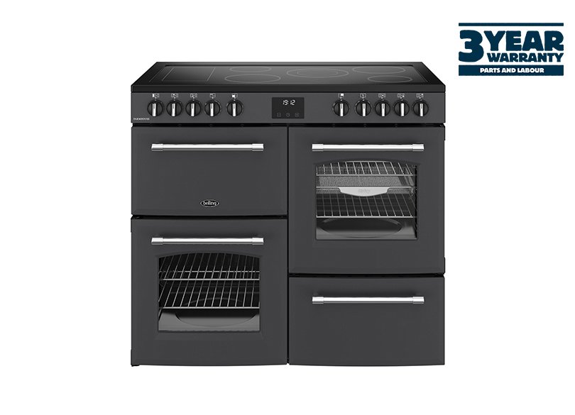 100cm Electric range cooker with a 5 zone ceramic hob and additional warming zone, conventional second oven, separate grill, and main fanned oven with AirFry
