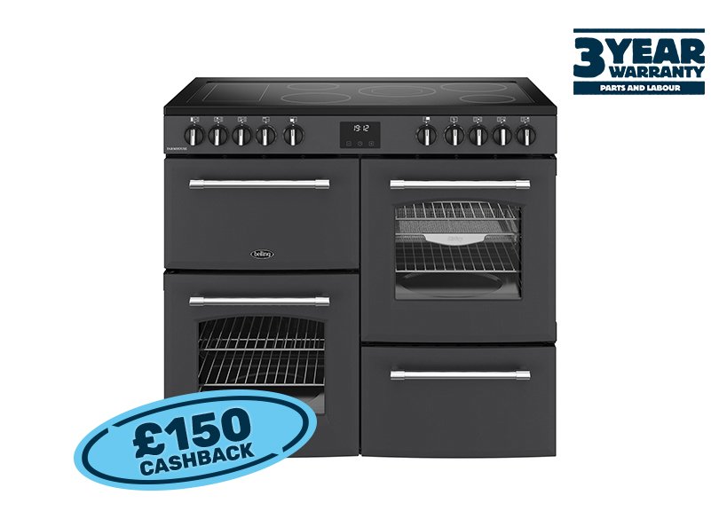 100cm Electric range cooker with a 5 zone ceramic hob and additional warming zone, conventional second oven, separate grill, and main fanned oven with AirFry