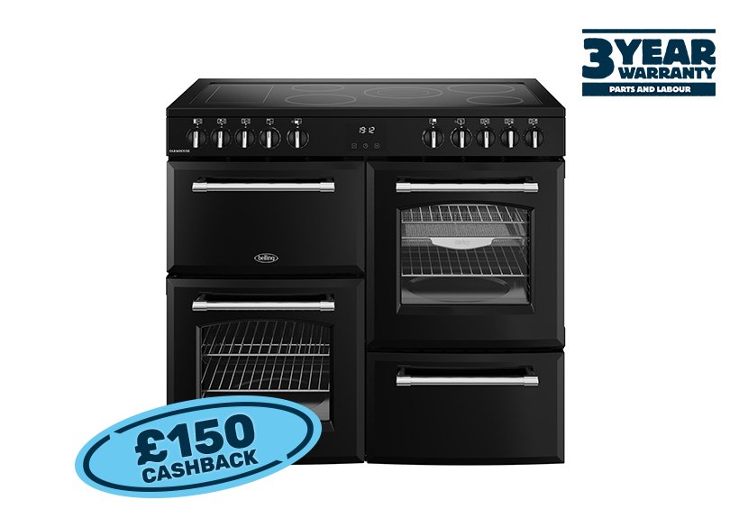 100cm Electric range cooker with a 5 zone ceramic hob and additional warming zone, conventional second oven, separate grill, and main fanned oven with AirFry