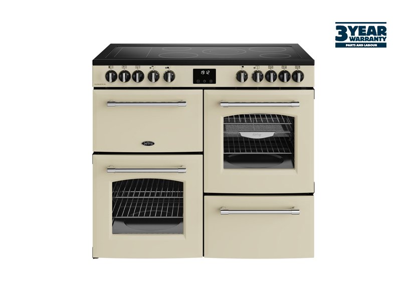 100cm Electric range cooker with a 5 zone ceramic hob and additional warming zone, conventional second oven, separate grill, and main fanned oven with AirFry