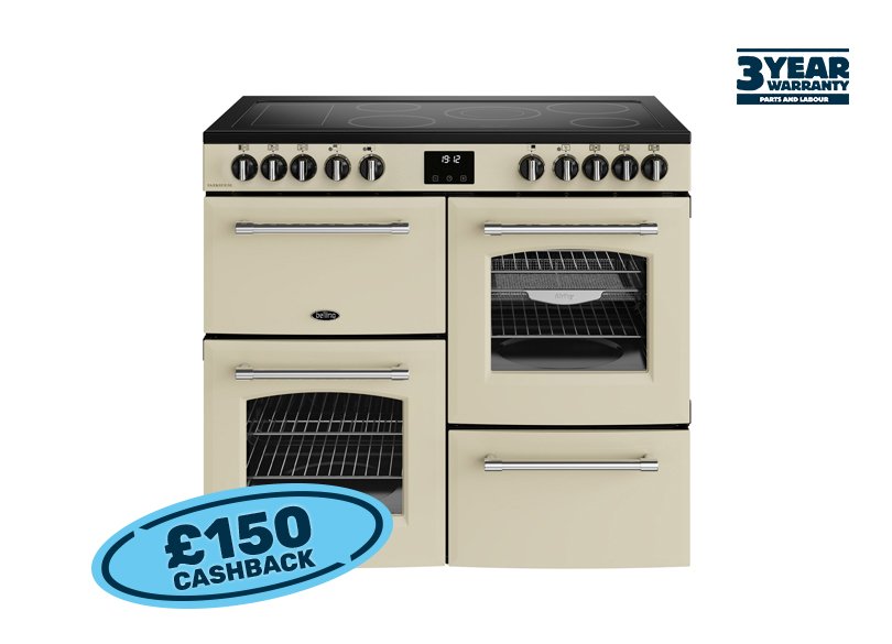 100cm Electric range cooker with a 5 zone ceramic hob and additional warming zone, conventional second oven, separate grill, and main fanned oven with AirFry