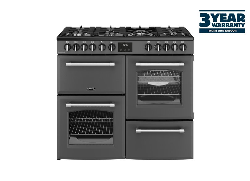 100cm Dual fuel range cooker with a 7 burner gas hob, conventional second oven, separate grill, and main fanned oven with AirFry