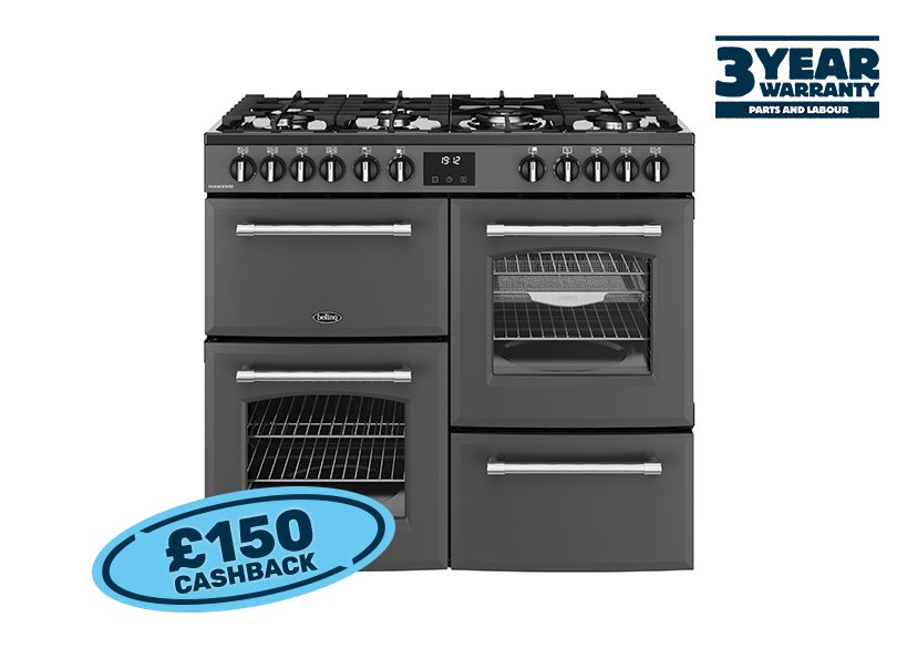 100cm Dual fuel range cooker with a 7 burner gas hob, conventional second oven, separate grill, and main fanned oven with AirFry