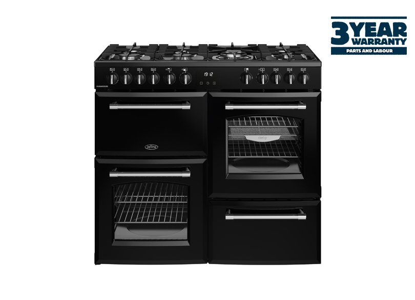 100cm Dual fuel range cooker with a 7 burner gas hob, conventional second oven, separate grill, and main fanned oven with AirFry