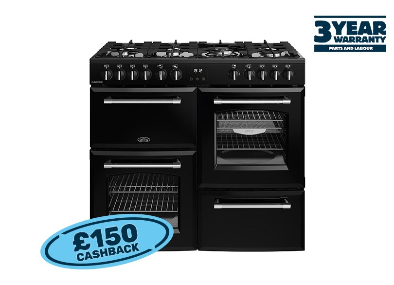 100cm Dual fuel range cooker with a 7 burner gas hob, conventional second oven, separate grill, and main fanned oven with AirFry