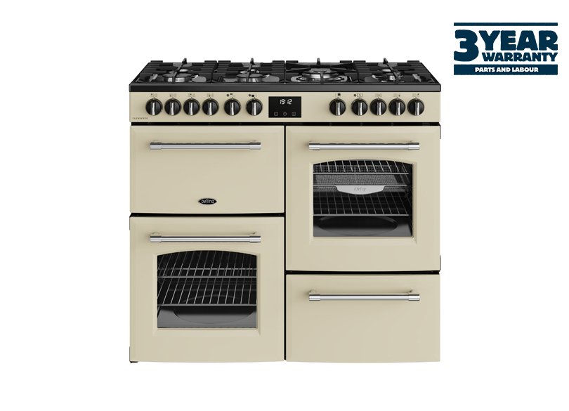 100cm Dual fuel range cooker with a 7 burner gas hob, conventional second oven, separate grill, and main fanned oven with AirFry