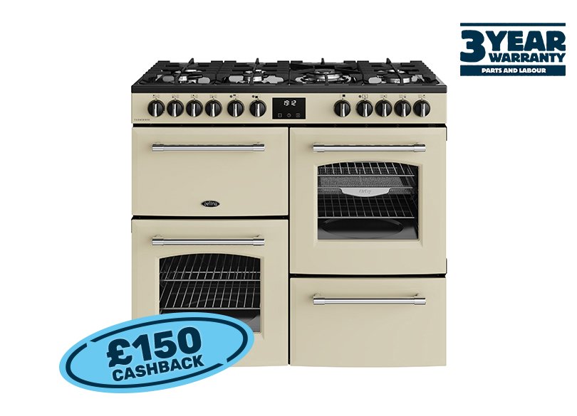 100cm Dual fuel range cooker with a 7 burner gas hob, conventional second oven, separate grill, and main fanned oven with AirFry
