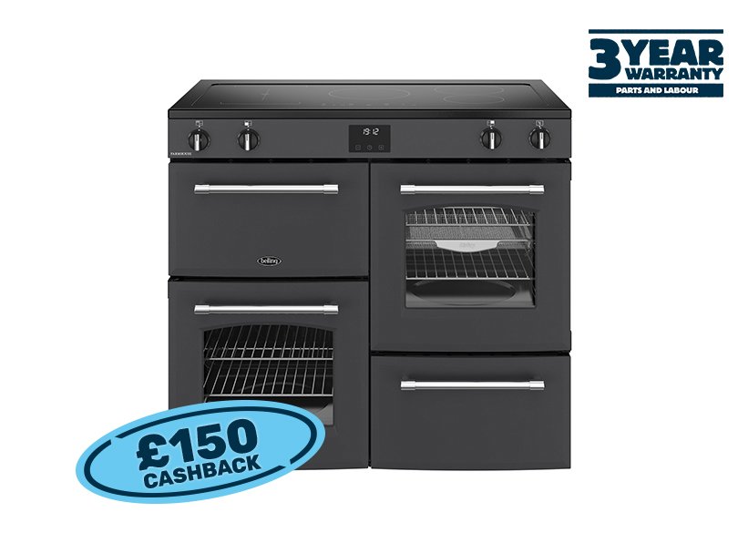 100cm Electric range cooker with a 5 zone induction hob, conventional second oven, separate grill, and main fanned oven with AirFry