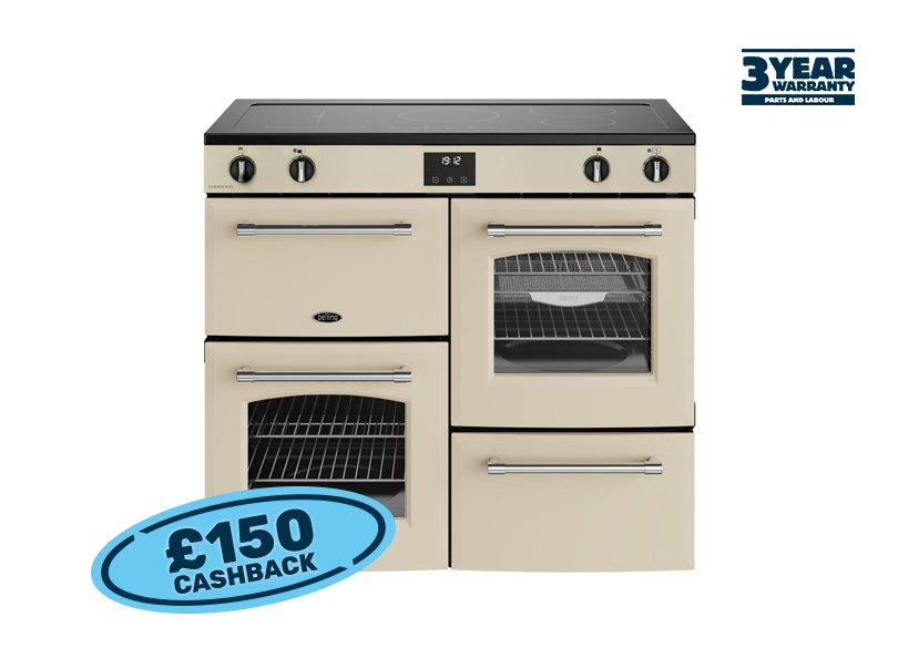 100cm Electric range cooker with a 5 zone induction hob, conventional second oven, separate grill, and main fanned oven with AirFry