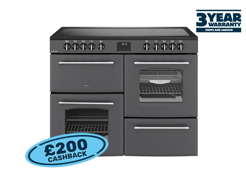 110cm Electric range cooker with a 5 zone ceramic hob and additional warming zone, conventional second oven, separate grill, and main fanned oven with AirFry