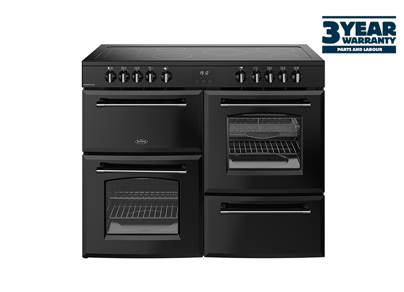 110cm Electric range cooker with a 5 zone ceramic hob and additional warming zone, conventional second oven, separate grill, and main fanned oven with AirFry