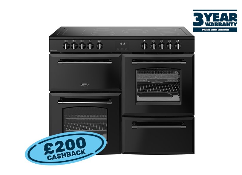 110cm Electric range cooker with a 5 zone ceramic hob and additional warming zone, conventional second oven, separate grill, and main fanned oven with AirFry