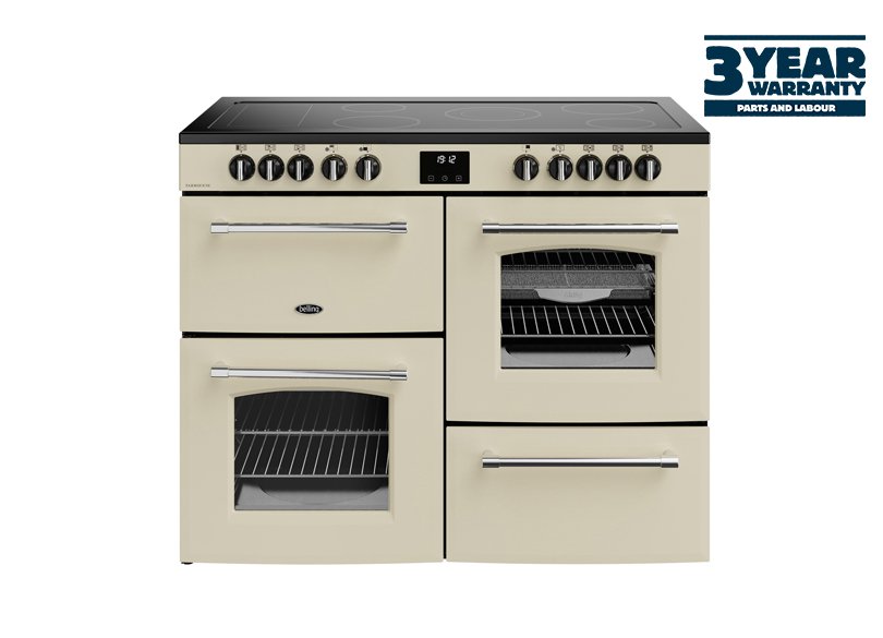 110cm Electric range cooker with a 5 zone ceramic hob and additional warming zone, conventional second oven, separate grill, and main fanned oven with AirFry
