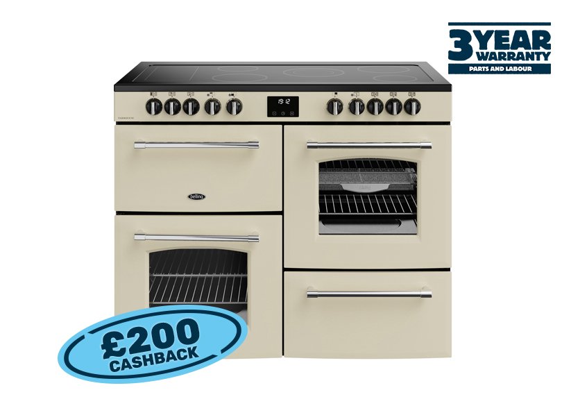 110cm Electric range cooker with a 5 zone ceramic hob and additional warming zone, conventional second oven, separate grill, and main fanned oven with AirFry