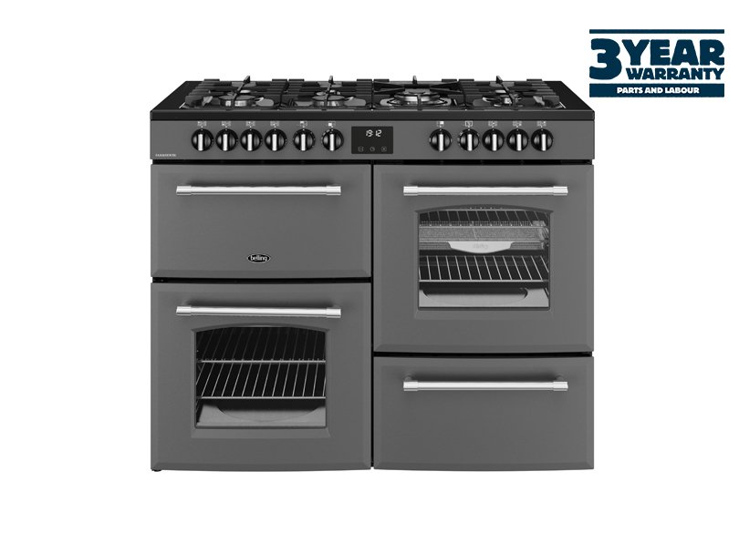 110cm Dual fuel range cooker with a 7 burner gas hob, conventional second oven, separate grill, and main fanned oven with AirFry