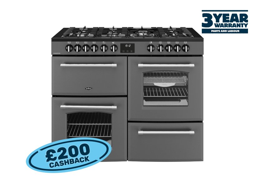 110cm Dual fuel range cooker with a 7 burner gas hob, conventional second oven, separate grill, and main fanned oven with AirFry